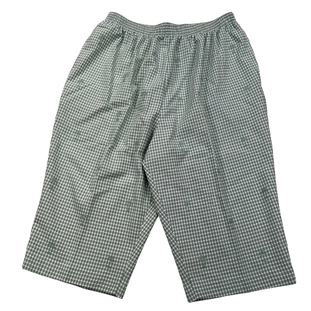 BonWorth Seersucker Gingham Capri Women Large Green Embroidered Palm Trees Pants